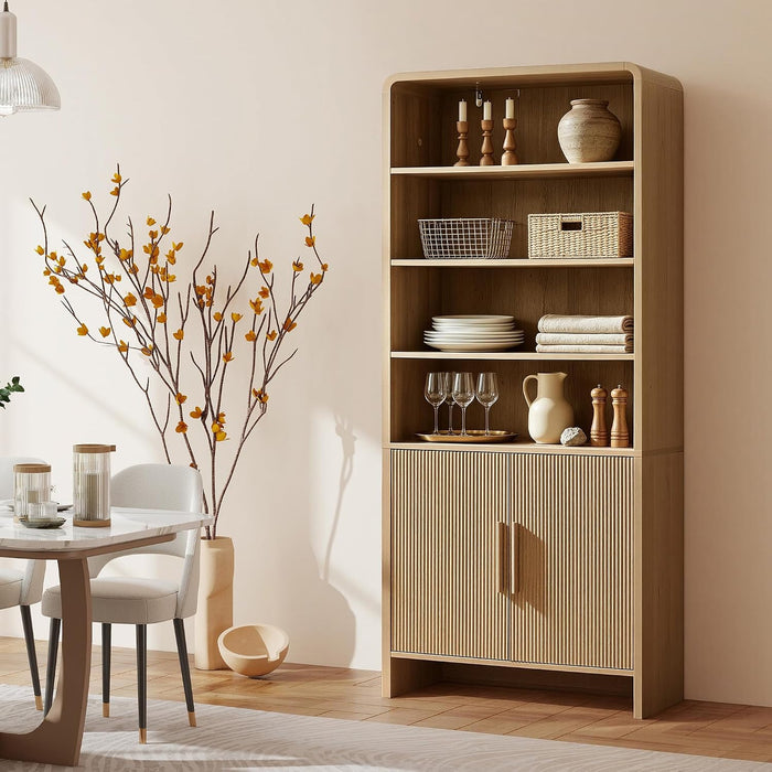 71" Modern Bookcase Set of 2 with Storage Cabinet & Fluted Doors | 6-Tier Bookshelf with 3 Adjustable Shelves, Wood Curved Display Cabinet for Living Room, Dining Room, Home Office, Natural