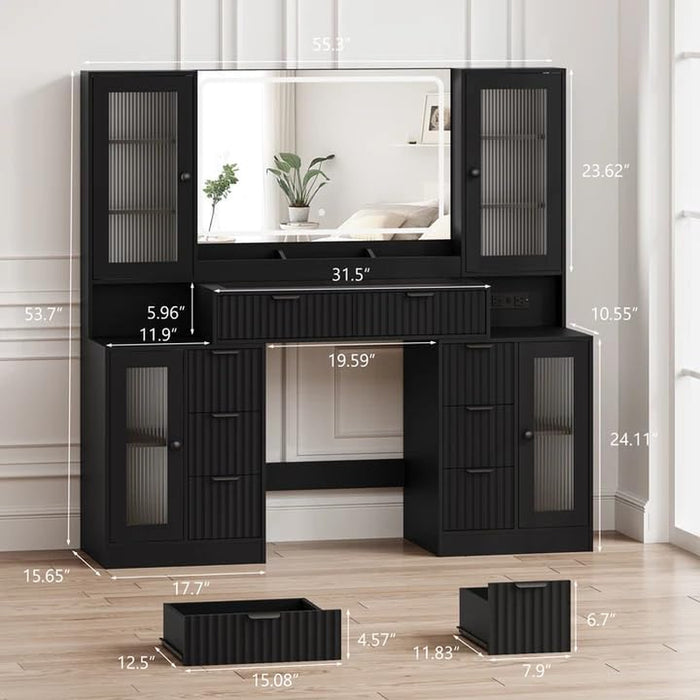 Fluted Glass Vanity Desk 55Inch Illuminated Mirror