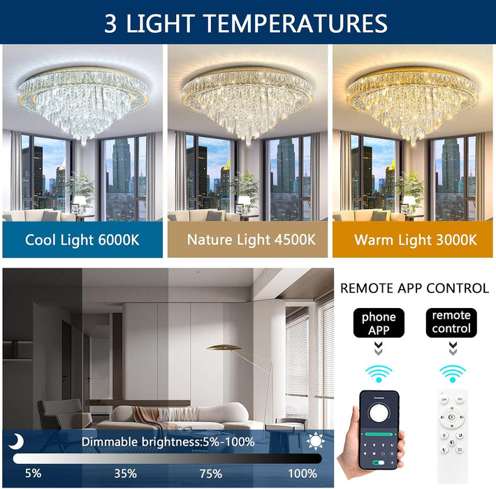LED Crystal Chandelier With Remote Dimmable Lighting