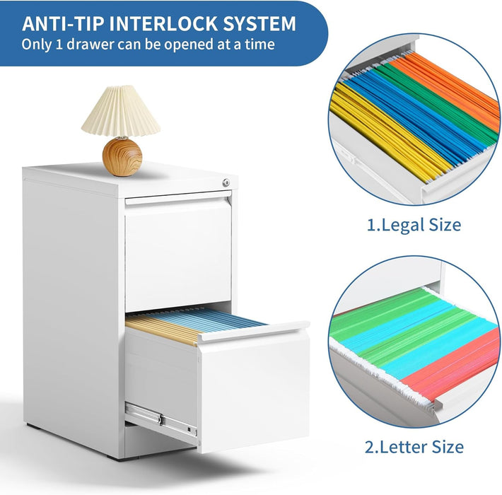 2 Drawer File Cabinet with Lock,Metal Vertical Filing Cabinets for Home Office,Heavy Duty File Storage Cabinet for Letter/Legal/A4/F4 Size File,Assembly Require (White, Vertical 2 Drawer)