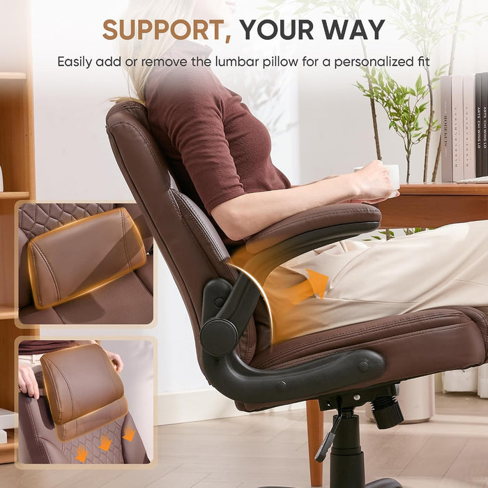 Home Office Chair with Lumbar Support, 5" Thickened Seat, Small PU Leather Rocking Desk Chair, Comfy Computer Chairs with Rolling Wheels & Adjustable Armrests for Adults, Brown