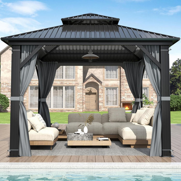 10'X10' Outdoor Hardtop Gazebo with Double Roof - Heavy-Duty Steel Top Aluminum Frame Gazebo with Breathable Netting & Privacy Curtain for Patio, Porch, Garden, Lawn, Deck, Backyard