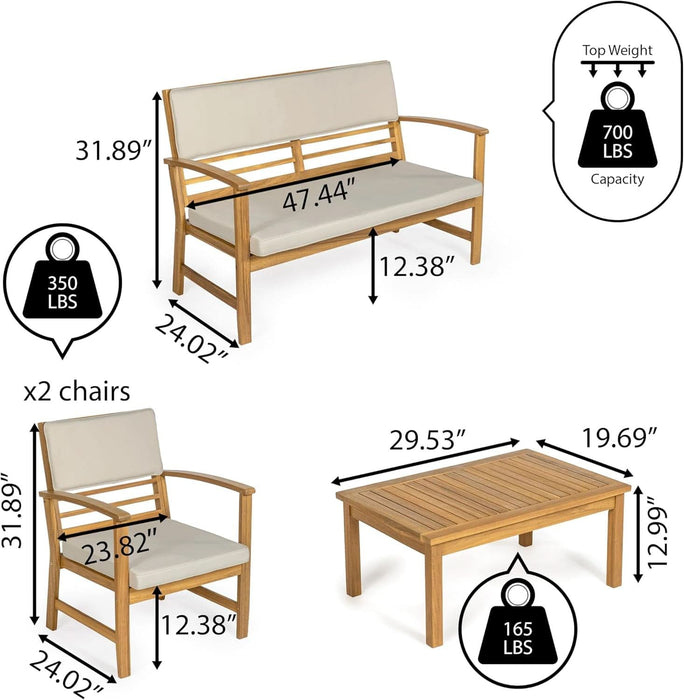 LVG1000A-4SET Barclay 4-Piece Modern Coastal Acacia Wood Conversation Outdoor Patio Set with Cushions Transitional, Classic, Traditional, Vintage, Mid-Century, Light Gray/Teak Brown