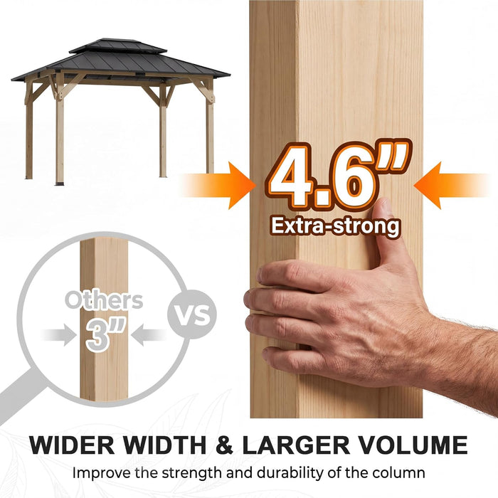10' X 12' Outdoor Wood Gazebo,Metal Hardtop Gazebo,Color DIY Permanent Pavilion with Galvanized Steel Double Roof for Backyard, Garden(Windproof, Snow-Load Bearing, Waterproof, Rustproof)