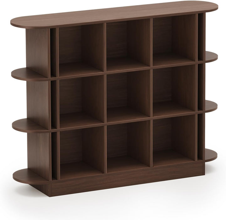 Walnut 3-Tier Oval Bookshelf - Curved Horizontal Bookcase, 9-Cubes
