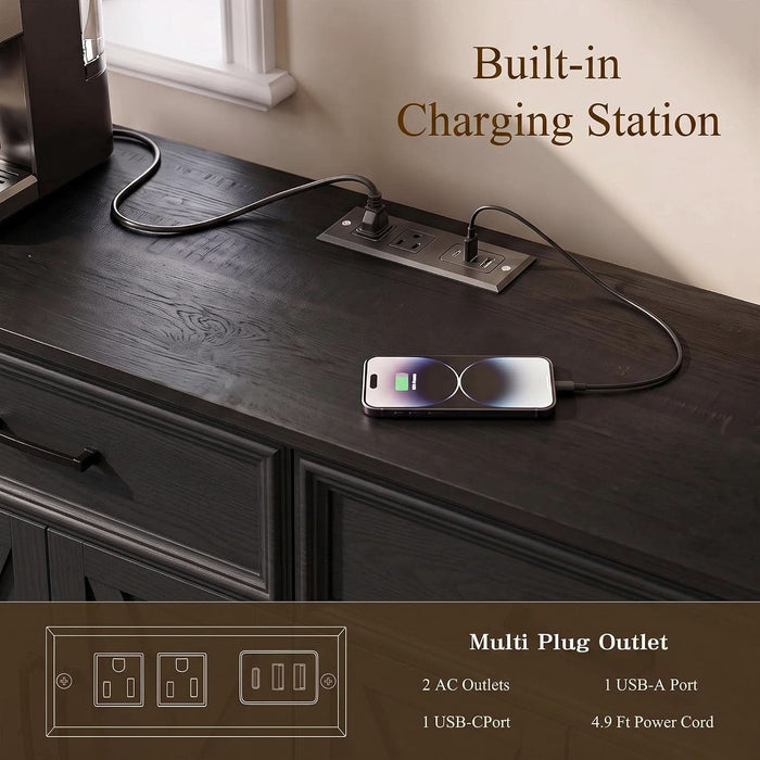 56" Farmhouse Black Buffet Cabinet with Charging Station