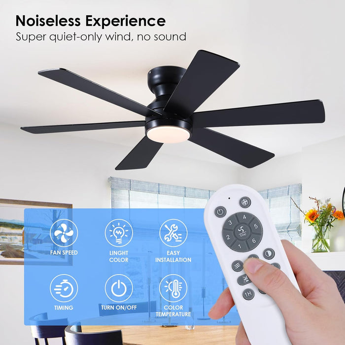 Ceiling Fans with Lights,46" Low Profile Ceiling Fan with Light and Remote Control,Flush Mount, Reversible, Dimmable, Noiseless, Black Ceiling Fan for Bedroom