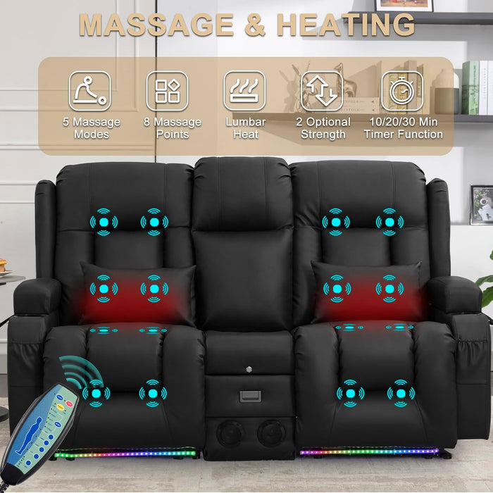 Loveseat Recliner Sofa with Massage and Heat, Power Reclining Loveseat Sofa RV Couch with Console, Home Theater Seating with LED Lights, Bluetooth Speakers, USB, Outlets, Faux Leather, Black