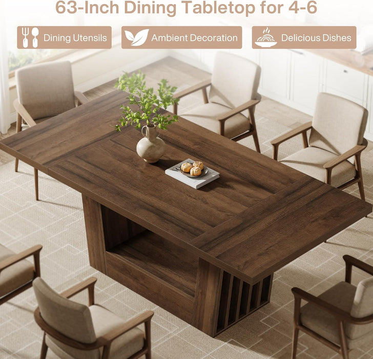 63-Inch Dining Table for 4-6, Farmhouse Rectangular Kitchen Dinner Table with Heavy-Duty Base, Wood Dining Room Furniture for Kitchen, Living Room, Home, Brown