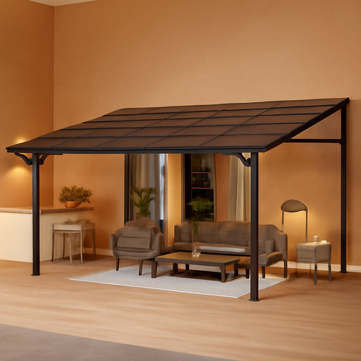 12'X20' Lean-To Wall-Mounted Hardtop Gazebo, 6Mm Uv-Resistant Polycarbonate Roof, Reinforced Aluminum Frame, All-Weather Pergola for Patio, Deck, Backyard, Lawn