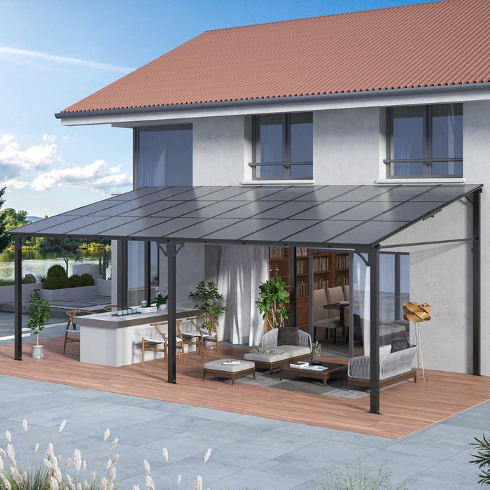 12'X20' Lean-To Wall-Mounted Hardtop Gazebo, 6Mm Uv-Resistant Polycarbonate Roof, Reinforced Aluminum Frame, All-Weather Pergola for Patio, Deck, Backyard, Lawn