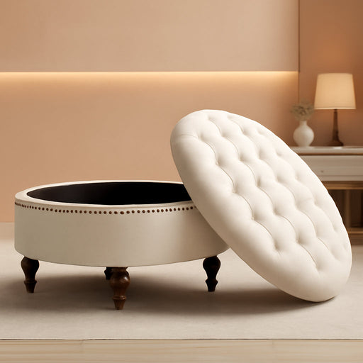 31.5" Large round Storage Ottoman, Upholstered Tufted Linen Ottoman Coffee Table, Large Footrest with Solid Wooden Legs and Nailheads, Side Table for Living Room Bedroom Office, Beige