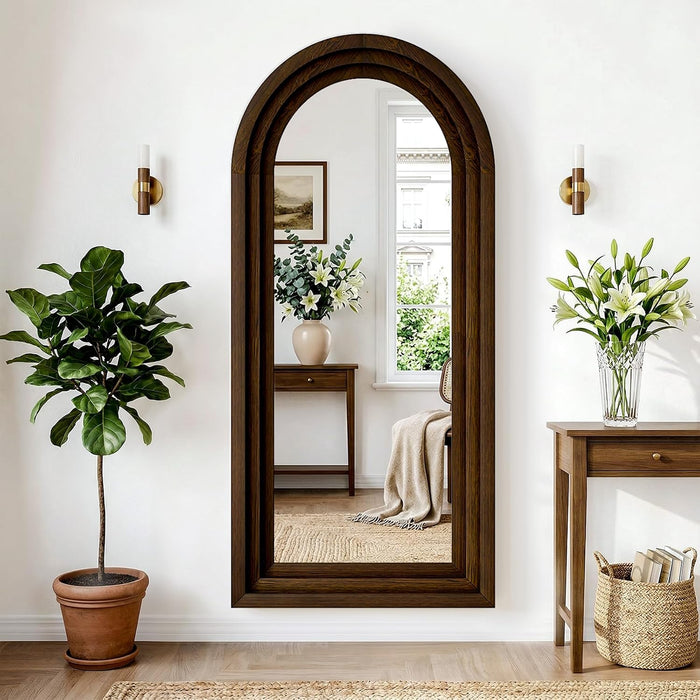 24"X65" Full Length Mirror Solid Wood Frame, Arched Floor Mirror Full Length with Stand, Room Decor Big Full Body Mirror with HD Tempered Glass for Bedroom, Living Room, Walnut Wood