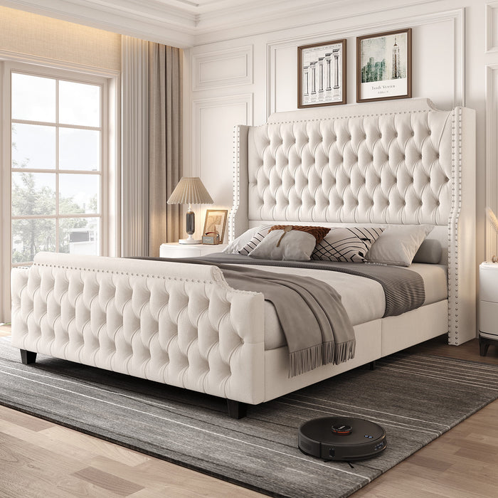 54" Tall Headboard Bed Frame with Wingback, Queen Size Bed with Tall Headboard, Velvet Deep Button Tufted Tall Upholstered Bed with Footboard, Off-White