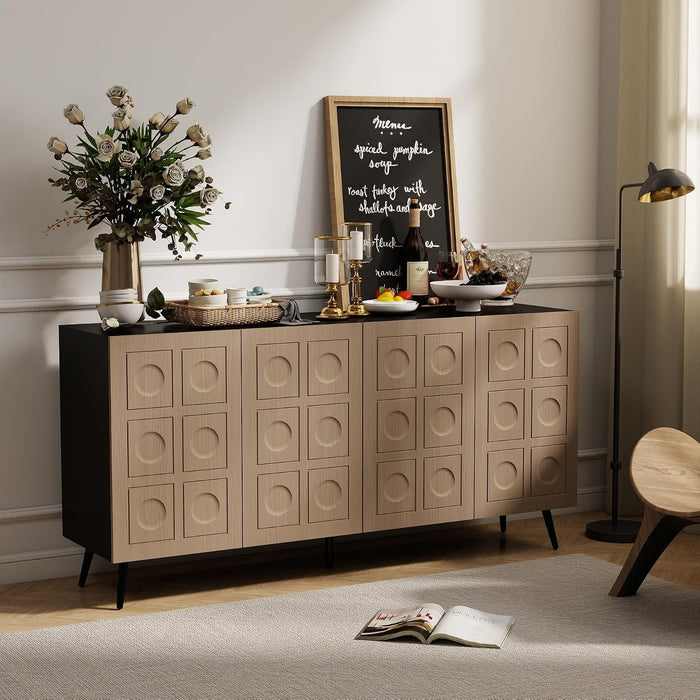 Sideboard Buffet Cabinet with Storage: 63" Black and Oak Mid Century Modern Credenza with 4 Doors, Large Fluted Sideboard Accent Cabinet for Living Room