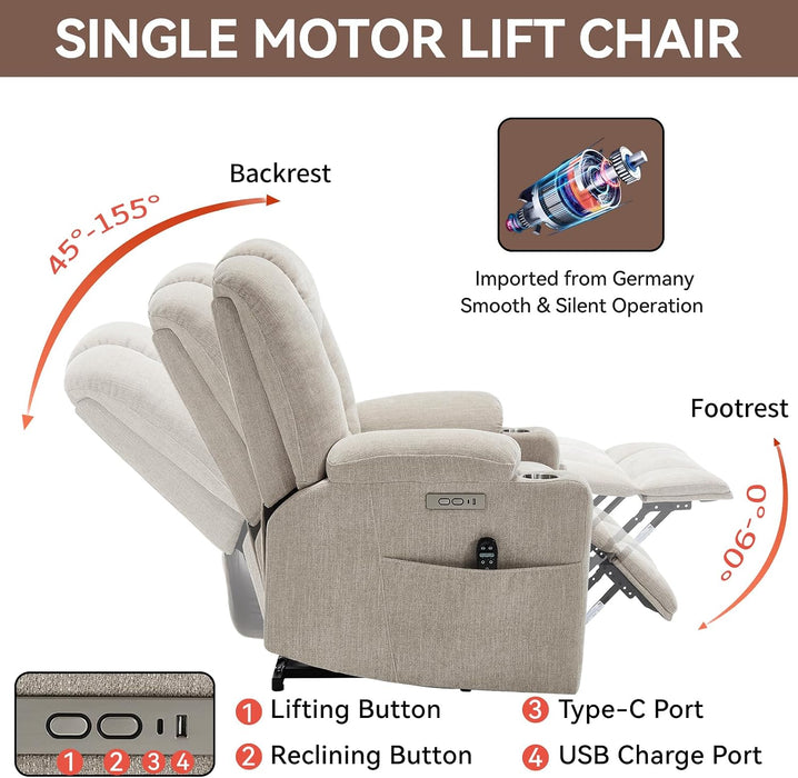 Power Lift Recliner Chair for Elderly with Massage & Heat, Chenille, Beige