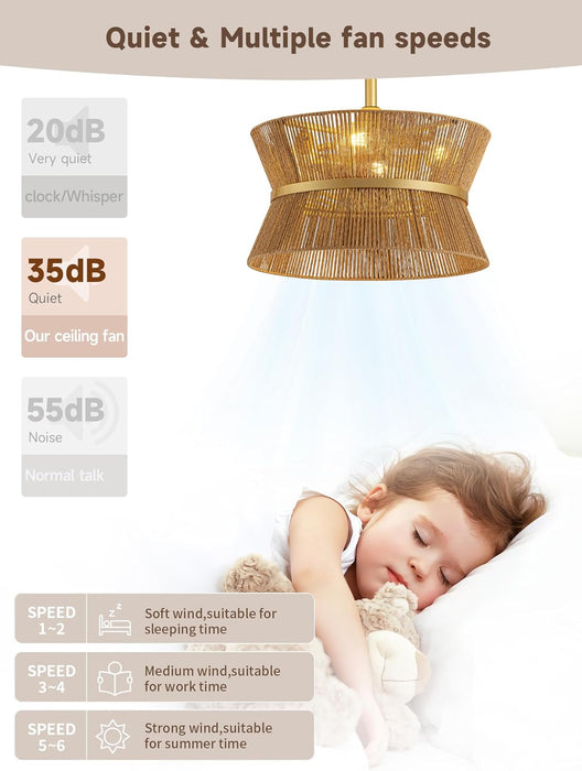 Boho Fandelier Ceiling Fan with Light and Remote Rattan Chandelier Fan Gold Caged Ceiling Fan with Light for Bedroom, Living Room Nursery Foyer Kitchen（6 Speed, Timing Adjustable Height）