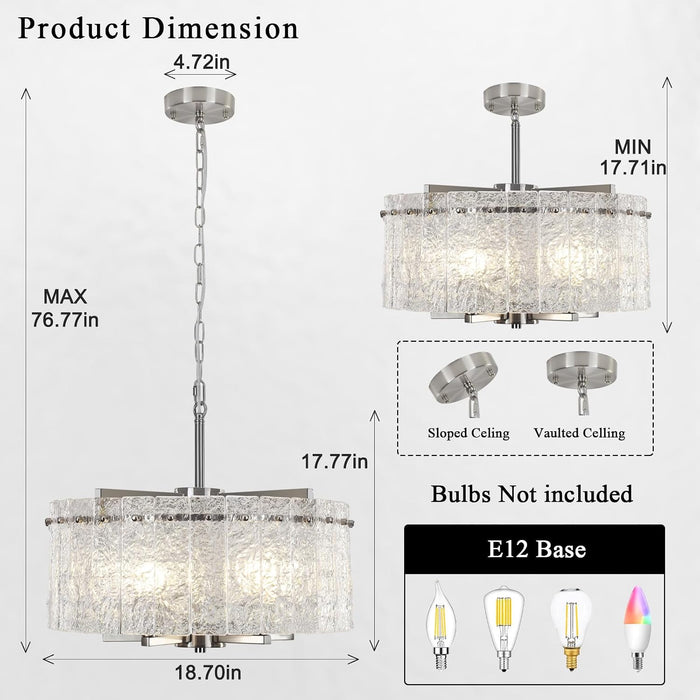 Brushed Nickel Glass Chandeliers for Dining Room, 18.7'' Modern Farmhouse Glass Drum Chandelier for Entryway, 5-Light Hanging round Light Fixture for Living Room Bedroom Foyer Hallway Kitchen Island
