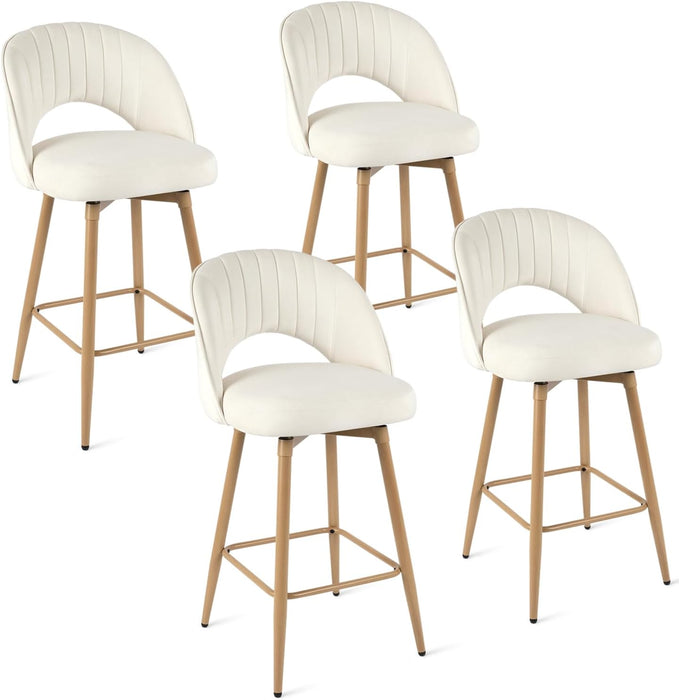 Swivel Bar Stools Set of 4, Counter Height Barstools for Kitchen Island, 26" Seat Height Bar Chairs for Dining Room, Upholstered Velvet Bar Stool with Back and Footrest, White