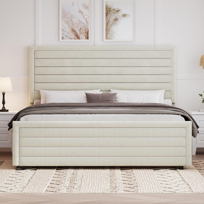 Full Size Bed Frame, Upholstered Platform Bed with Velvet Headboard and Footboard, Mattress Foundation with Wooden Slats, No Box Spring Required, Easy Assembly, Beige