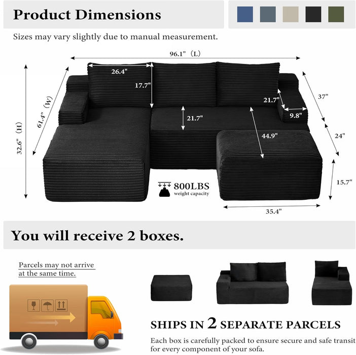 Black 96-Inch U-Shape Contemporary Modular Sectional Sofa