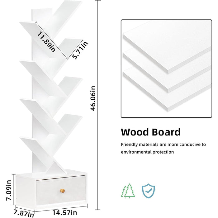 8 Tier Tree Bookshelf with Drawer, Free Standing Wood Bookcase for Living Room, Bedroom, Home Office, Space Saving Storage Organizer Bookshelves for Books, Cds, Vinyl Records- White