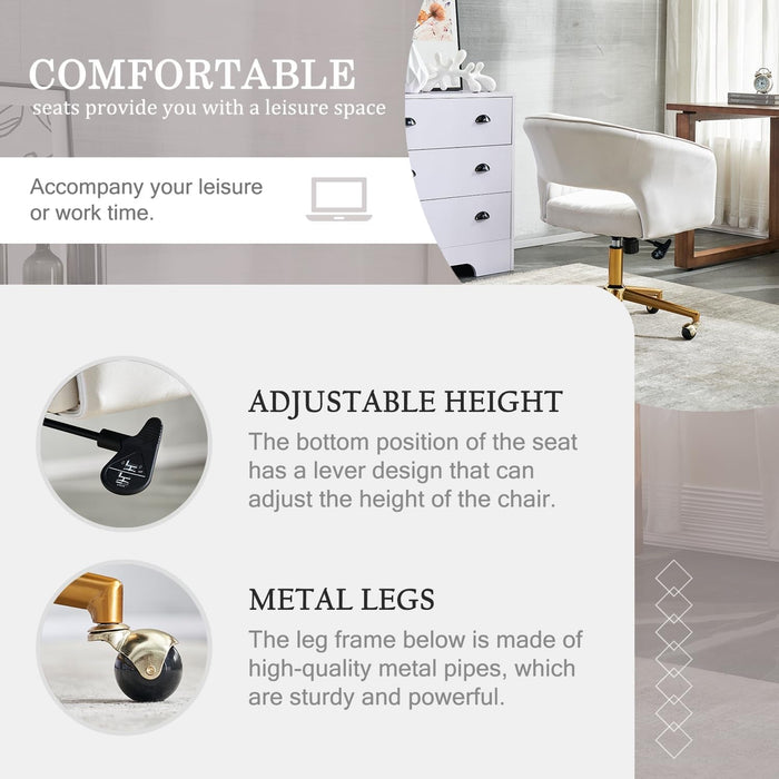 Home Office Chair Swivel Velvet Desk Chair, Vanity Chair with 360 Swivel Armchair and Gold Base,For Living Room, Bedroom, Vanity, Study (Beige)