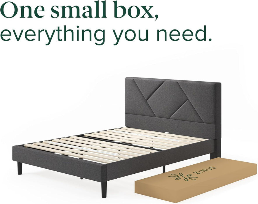 Judy Upholstered Platform Bed Frame, Mattress Foundation, Wood Slat Support, No Box Spring Needed, Eco Friendly Wonderbox (TM), Easy Assembly, Dark Grey, King
