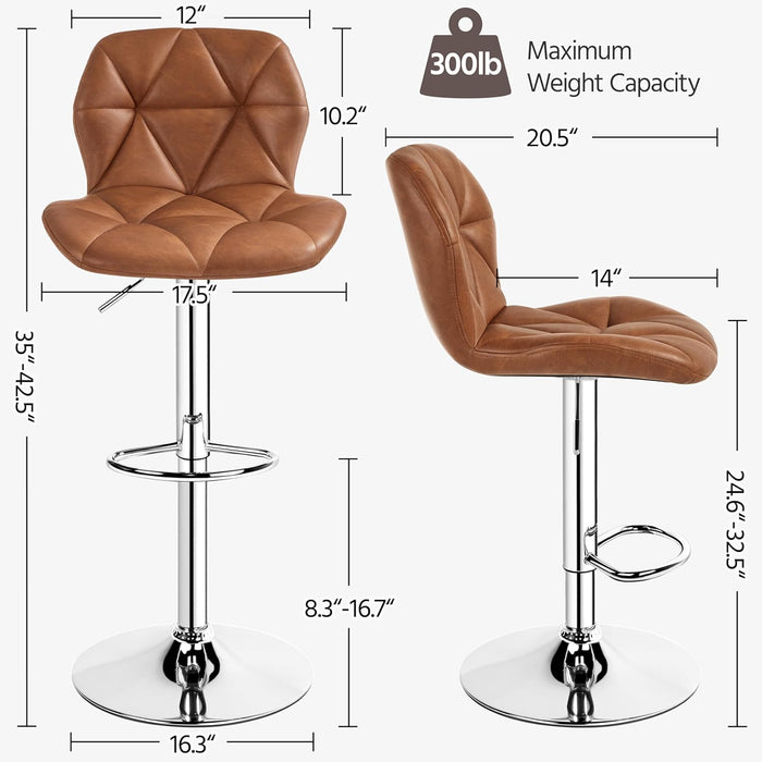 Bar Stools Set of 2, Modern Kitchen Island Stools with Backrest, PU Leather Adjustable Counter Stools for Kitchen Counter Bar, Retro Brown