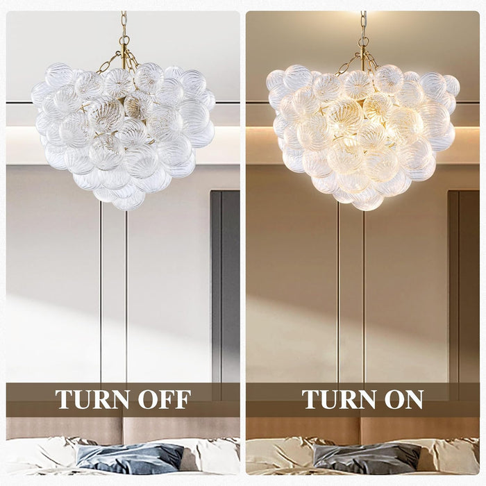 Nordic Bubble Ball Swirled Glass Chandelier, Dia 20 Inch Gild Gold and Clear Blown Glass Small Pendant Light Fixture for Bedroom Study Restaurant