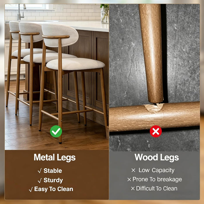 Counter Height Bar Stools Set of 3, Upholstered Counter Stools Modern Barstools with Metal Legs for Kitchen Island Dining Room, Wood-Grain