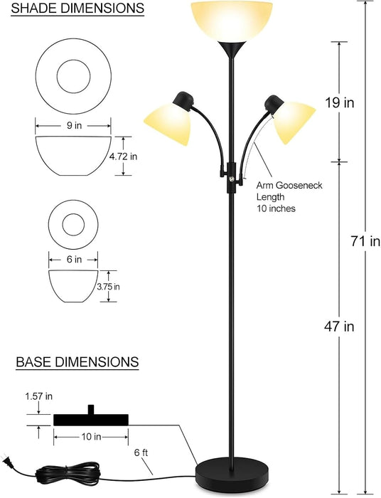 Floor Lamp Black, Standing Lamp, 71" Tall Lamps for Living Room, 3 Way Switch, Plastic Lampshade, Torchiere Floor Lamp with Reading Lamps, Modern Pole Lamps for Bedroom Kids Room E26 Base(No Bulb)