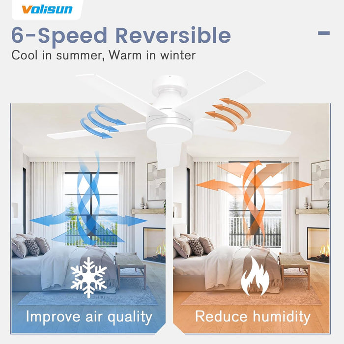 Ceiling Fan with Lights and Remote, 42 Inch Low Profile Ceiling Fan with Light, Reversible, 3CCT, Dimmable, Noiseless, White Flush Mount Ceilings Fans for Bedroom, Indoor/Outdoor