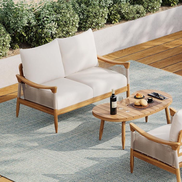 Havets 2 Piece Patio Conversation Sets, Outdoor Acacia Wood Patio Seating Group,Woven Rope Loveseat with Cushions and Coffee Table for Porch Garden Backyard Balcony, Teak+Beige