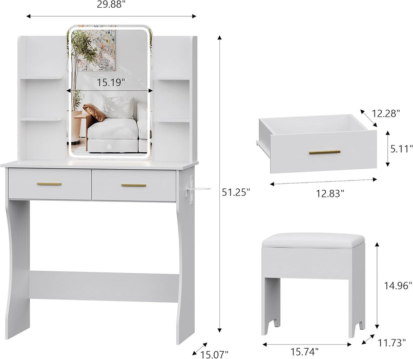 White Vanity Desk With Illuminated Mirror Compartment