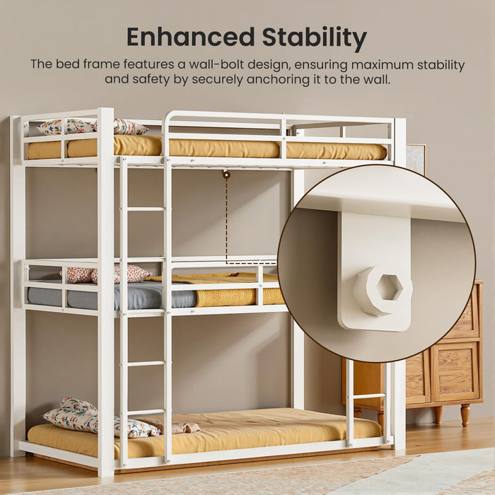 White Triple Bunk Bed Twin over Twin over Twin, Heavy Duty Metal Bunkbed with Full-Length Safety Guardrails, No Box Spring Required, Easy Assembly, Bedroom & Guest Room