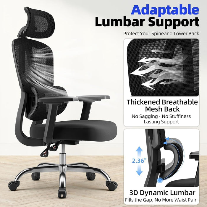 Office Chair Ergonomic Desk Chair Breathable Mesh Chair with Lumbar Support & Headrest, Black Office Chair 330 Lbs Home Computer Chair Thickened Cushion, Tilt Lock