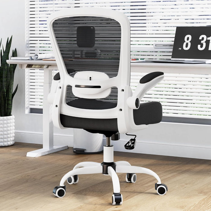 Ergonomic Office Chair - Desk Chair with Flip-Up Armrests & 135° Recline, Adjustable Lumbar Support - Space-Saving Task Chair for Business/Team Office & Home (White Frame-Black, 300Lbs)