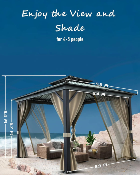 10X10 Hardtop Gazebo, Outdoor Patio Gazebo with Galvanized Steel Double Roof, Aluminum Frame Pavilion with Curtains and Netting, UPF 50 Metal Shelter for Backyard Deck Garden Lawn, Gray