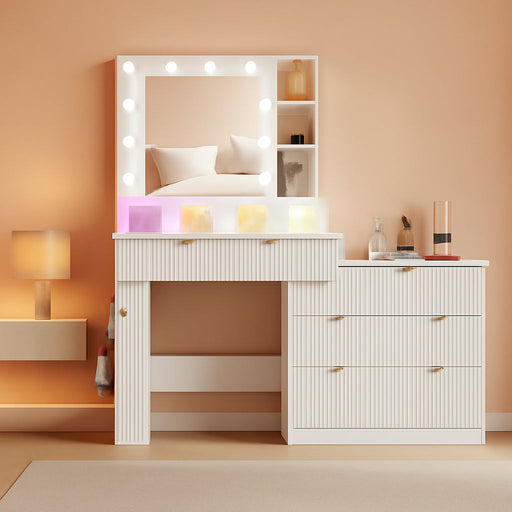 Makeup Vanity Desk with Mirror and Lights, 57" Fluted Vanity Dresser Combo & Storage Shelves, Vanity Mirror with Mirror and Lights with 8 Drawers, 3 Color Modes, Dressing Table Set for Girls, White