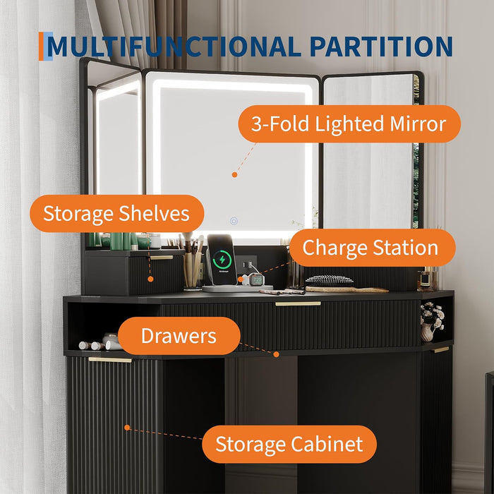 Black Corner Vanity, Corner Vanity Desk with Mirror and Lights, Fluted Makeup Table with Charging Station, Drawers, Storage Cabinets