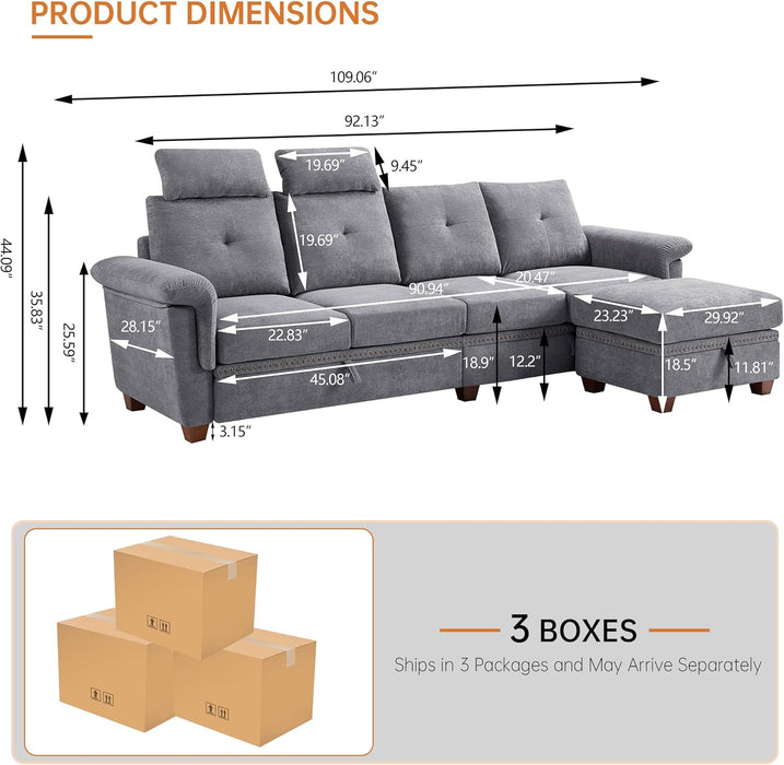 Sectional Sofa Couches for Living Room, Convertible L Shaped Sofas 4 Seat Modular Couch with Storage Chaise & Ottoman Cup Holders, Microfiber Fabric, for Samll Space (Light Grey)