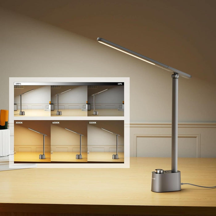 Upgraded LED Desk Lamp - H01 Pro Sunturalux™ Foldable Desk Light with USB A+C Charging Port, 3 Color Modes Dimmable Table Lamp for Home Office Reading(Grey)
