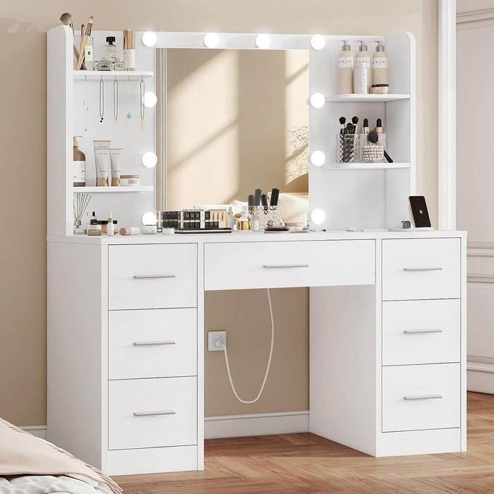 Vanity Desk with LED Light Mirror & Power Outlet, 3 Adjustable Light Color, Makeup Vanity with 7 Drawers, 4 Shelves, 5 Jewel Hooks, White Vanity for Bedroom, Girls Vanity