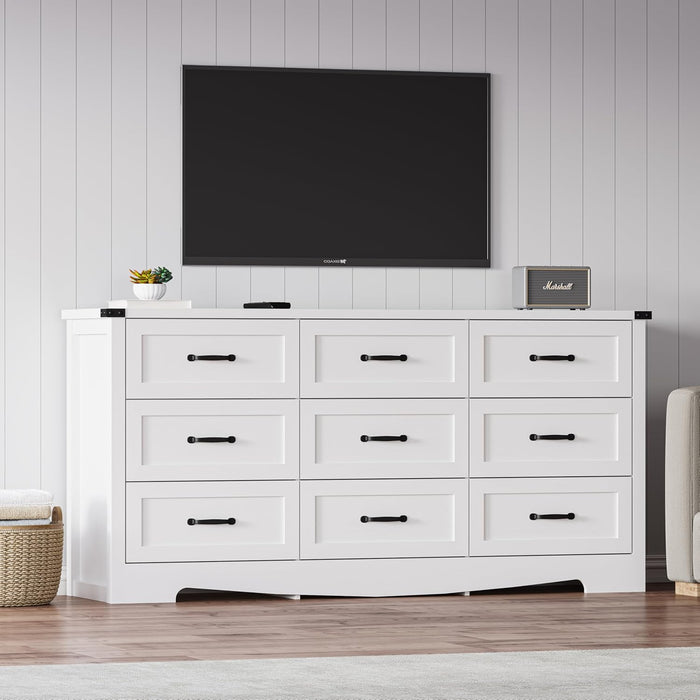 White Dresser for Bedroom, 59'' Wide Wooden Chest of Drawers with Natural Wood Texture, 9 Drawer Dresser for Closet with Metal Handles, Sleek Storage Solution for Living Room, Office, Hallway