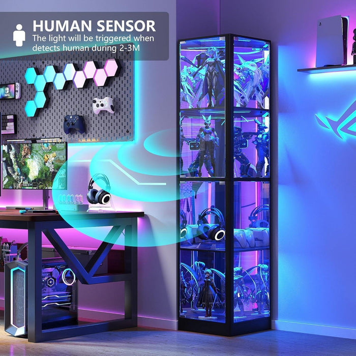 Corner Display Cabinet with Glass Doors, 68" Display Case with LED Lights, 4-Tier Curio Cabinets for Collectibles, Toys, Books, Modern Storage Cabinet, Black