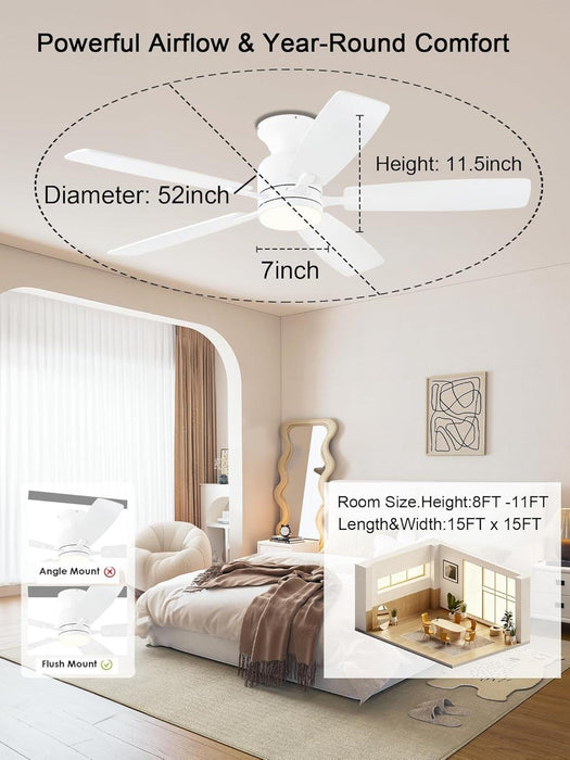 52 Inch Ceiling Fans with Lights，Flush Mount Ceiling Fan with Remote/App Control, 3CCT Dimmable, Double-Sided Blades, Reversible Motor, Low Profile Ceiling Fans for Living Room Bedroom（White）