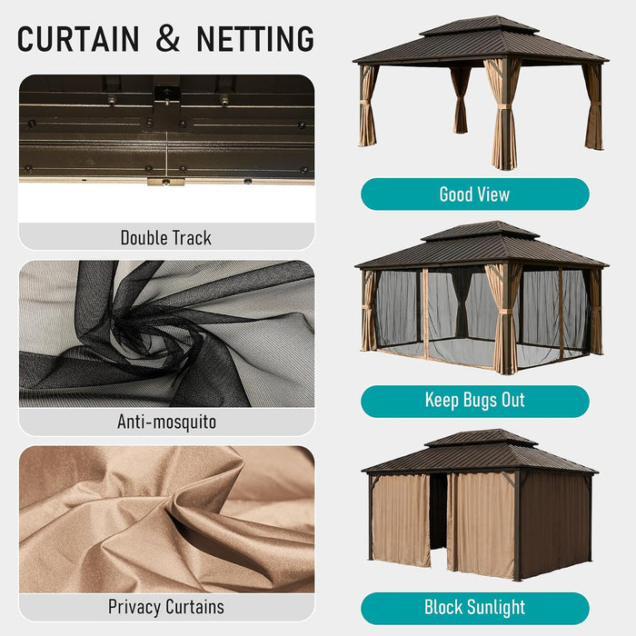 10X14 Feet Outdoor Gazebo Hardtop Curtains Included