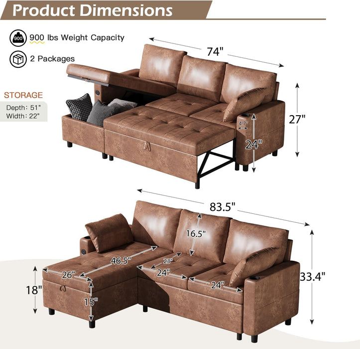Brown Leather Sleeper Sofa Bed With Storage