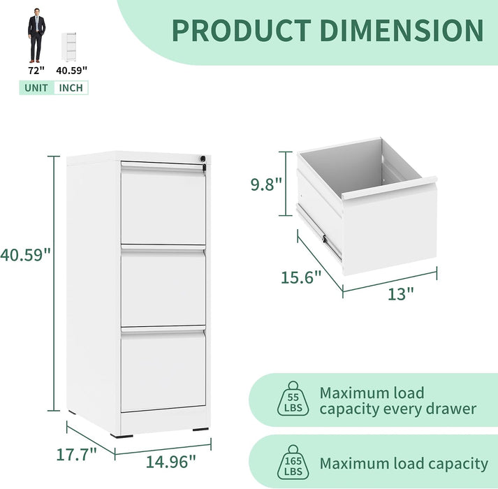White 3 Drawer Vertical File Cabinet LockingMechanism
